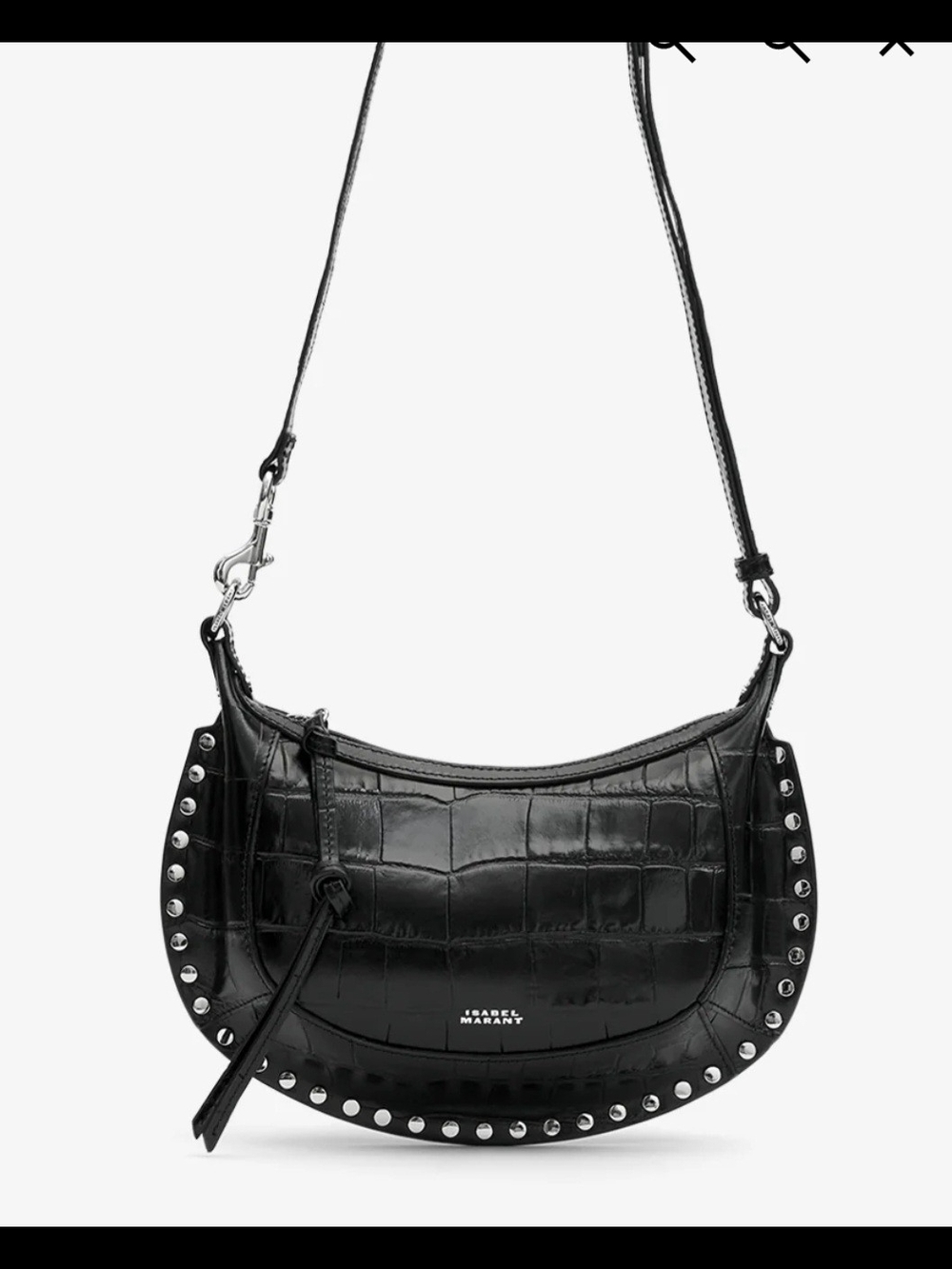 Isabel Marant Black Oskan Moon Leather Croco Embossed Studded Shoulder Bag New